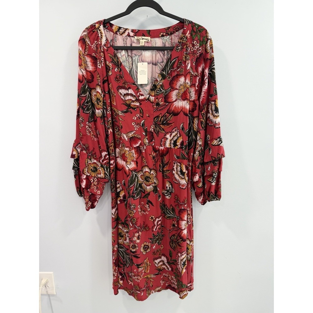 Hope Springs Red Floral Boho Midi Dress XXL Rayon Ruffle Sleeve V Neck NWT